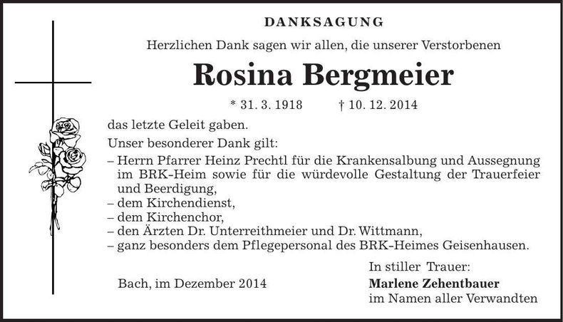 Traueranzeige Rosina Bergmeier