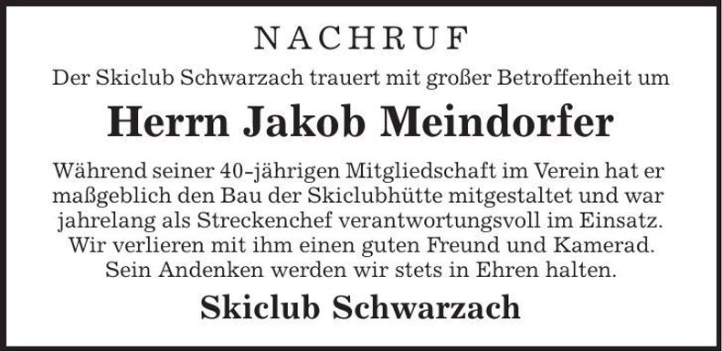 Traueranzeige Jakob Meindorfer
