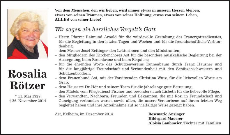 Traueranzeige Rosalia Rötzer
