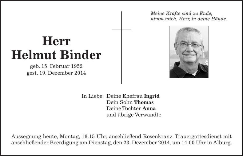 Traueranzeige Helmut Binder