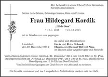 Traueranzeige Hildegard Kordik