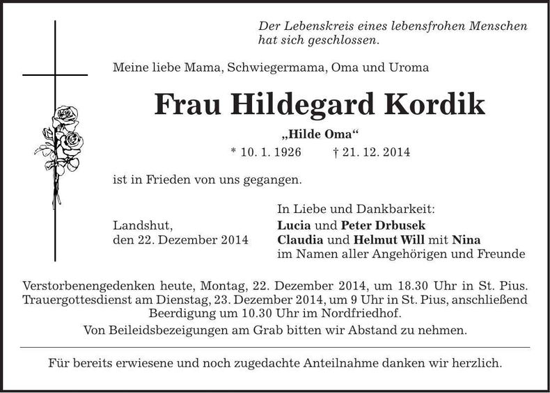 Traueranzeige Hildegard Kordik