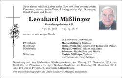 Traueranzeige Leonhard Mißlinger