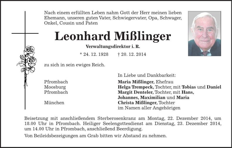 Traueranzeige Leonhard Mißlinger