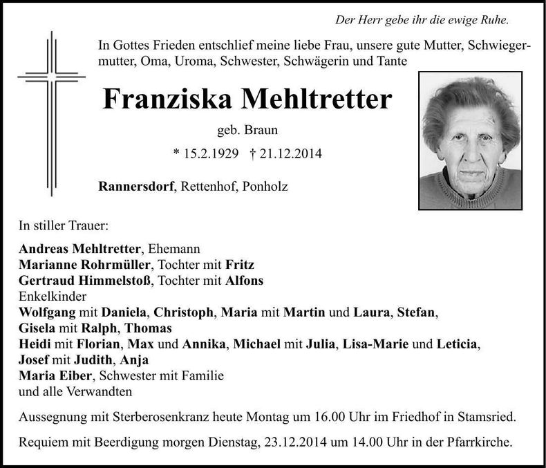 Traueranzeige Franziska Mehltretter