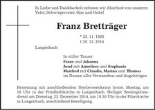 Traueranzeige Franz Bretträger