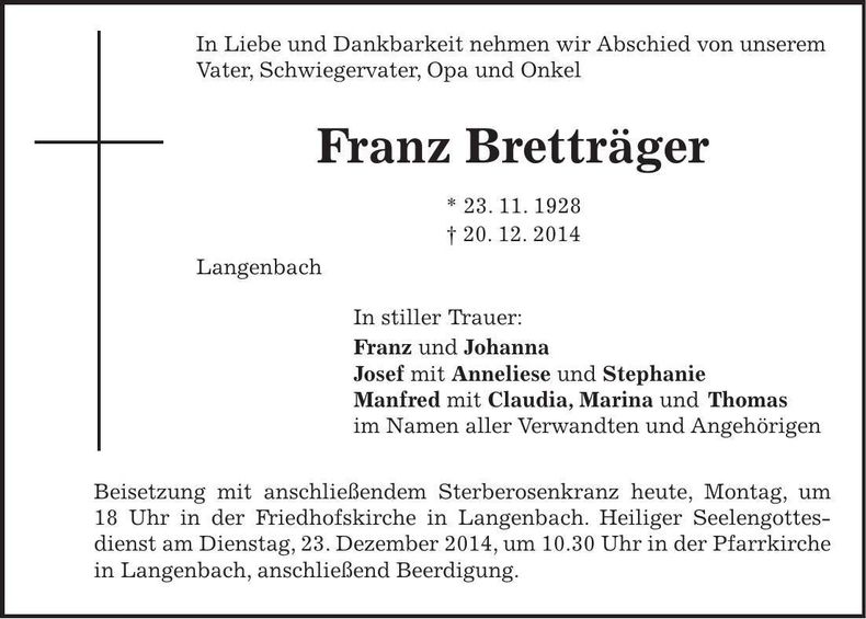 Traueranzeige Franz Bretträger