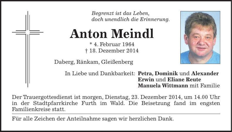 Traueranzeige Anton Meindl