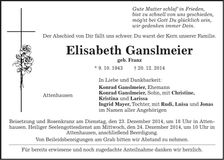 Traueranzeige Elisabeth Ganslmeier