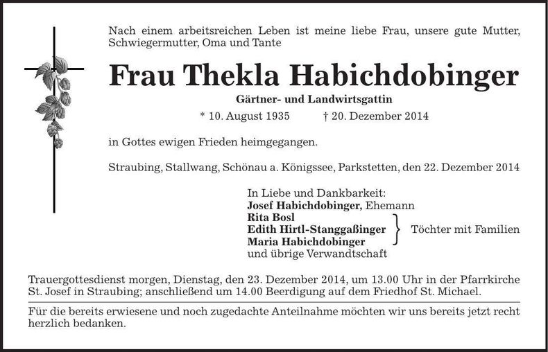 Traueranzeige Thekla Habichdobinger
