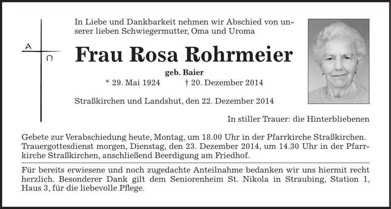 Traueranzeige Rosa Rohrmeier