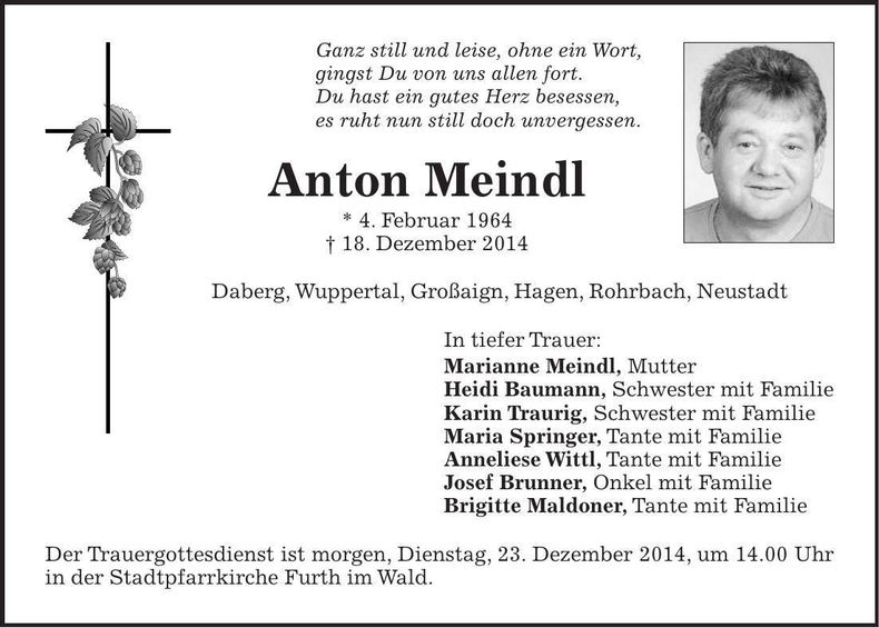 Traueranzeige Anton Meindl