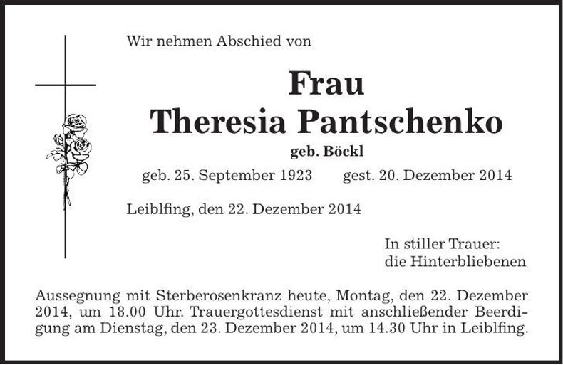 Traueranzeige Theresia Pantschenko