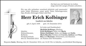 Traueranzeige Erich Kolbinger