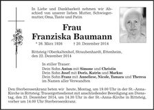 Traueranzeige Franziska Baumann