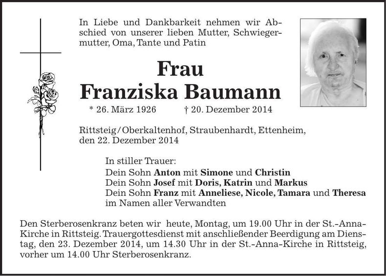 Traueranzeige Franziska Baumann