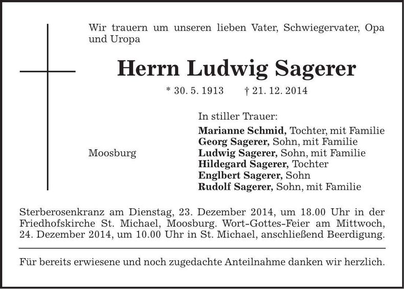 Traueranzeige Ludwig Sagerer