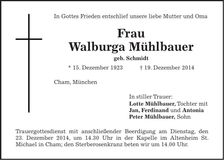 Traueranzeige Walburga Mühlbauer