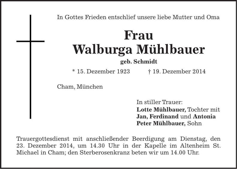 Traueranzeige Walburga Mühlbauer