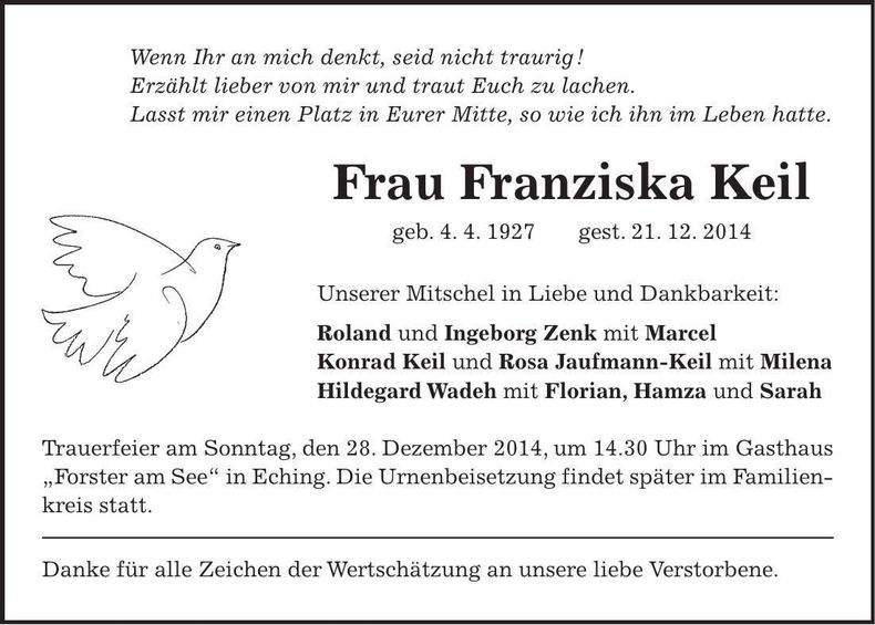 Traueranzeige Franziska Keil