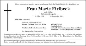 Traueranzeige Marie Firlbeck