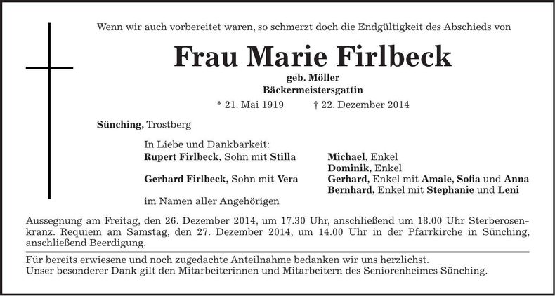 Traueranzeige Marie Firlbeck
