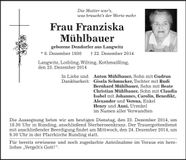 Traueranzeige Franziska Mühlbauer