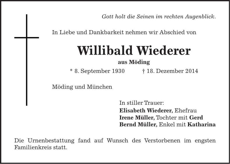 Traueranzeige Willibald Wiederer