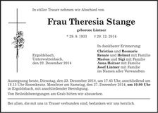 Traueranzeige Theresia Stange