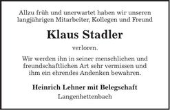Traueranzeige Klaus Stadler