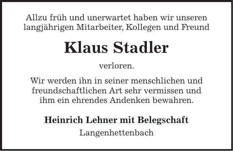 Traueranzeige Klaus Stadler