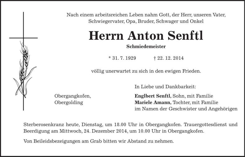 Traueranzeige Anton Senftl