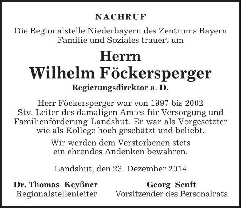 Traueranzeige Wilhelm Föckersperger