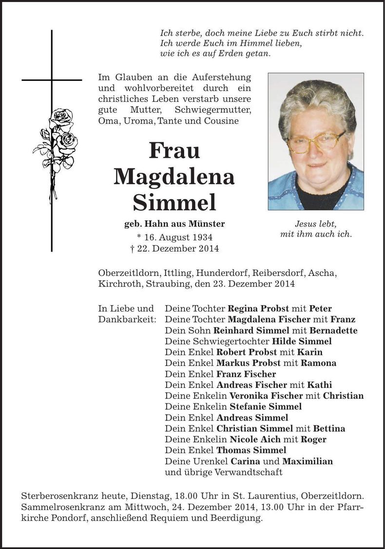 Traueranzeige Magdalena Simmel