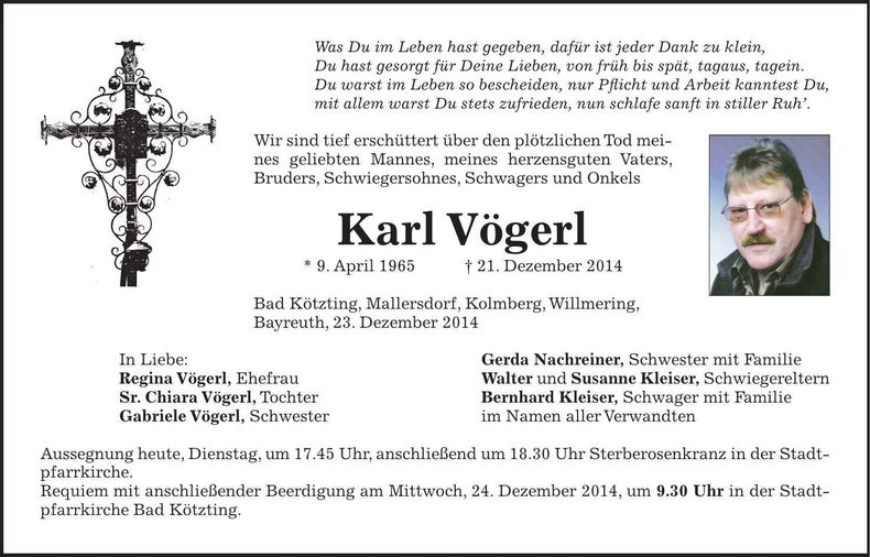 Traueranzeige Karl Vögerl