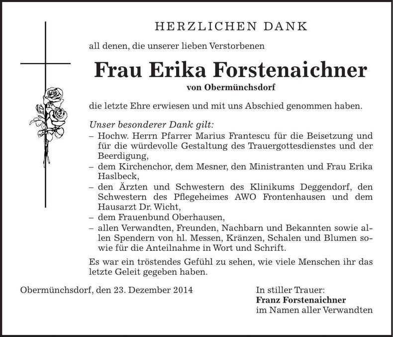 Traueranzeige Erika Forstenaichner