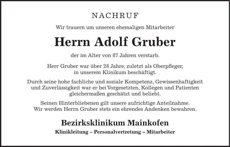 Traueranzeige Adolf Gruber