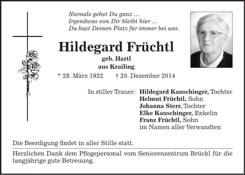 Traueranzeige Hildegard Früchtl