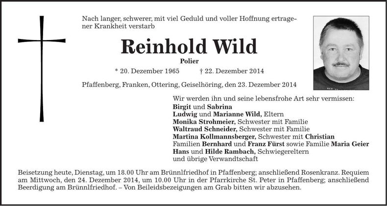 Traueranzeige Reinhold Wild