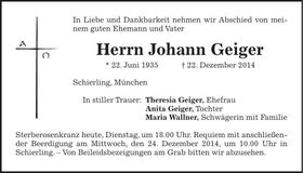Traueranzeige Johann Geiger