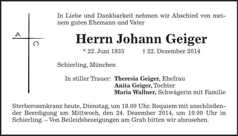 Traueranzeige Johann Geiger