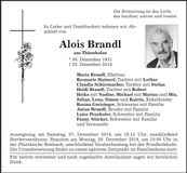Traueranzeige Alois Brandl