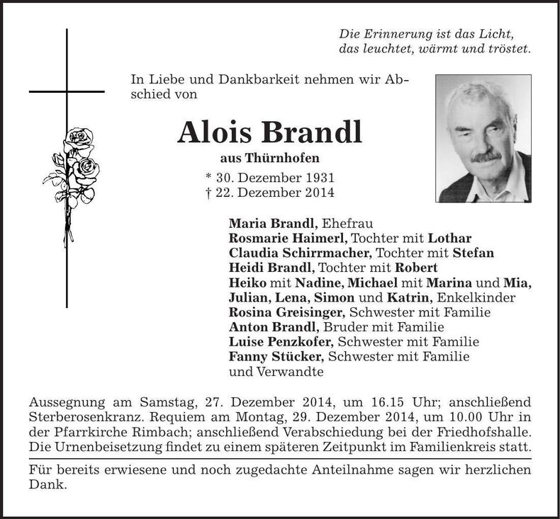 Traueranzeige Alois Brandl