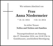 Traueranzeige Anna Niedermeier