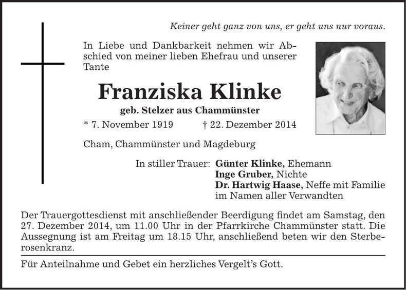 Traueranzeige Franziska Klinke