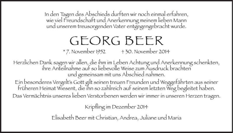 Traueranzeige Georg Beer