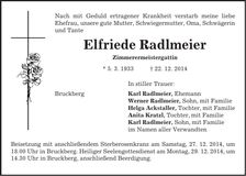 Traueranzeige Elfriede Radlmeier