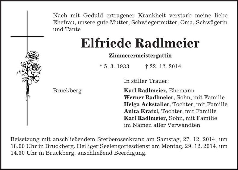 Traueranzeige Elfriede Radlmeier