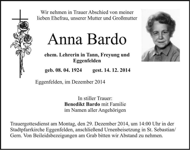Traueranzeige Anna Bardo