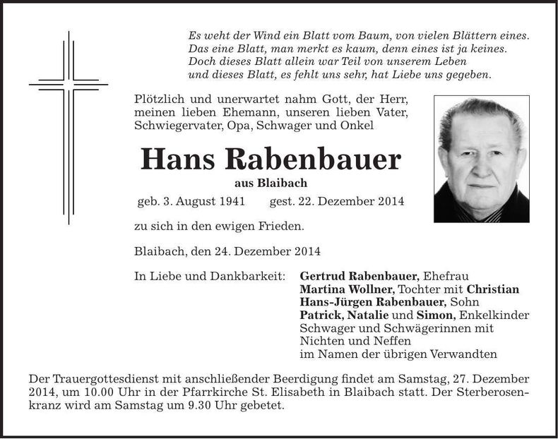 Traueranzeige Hans Rabenbauer